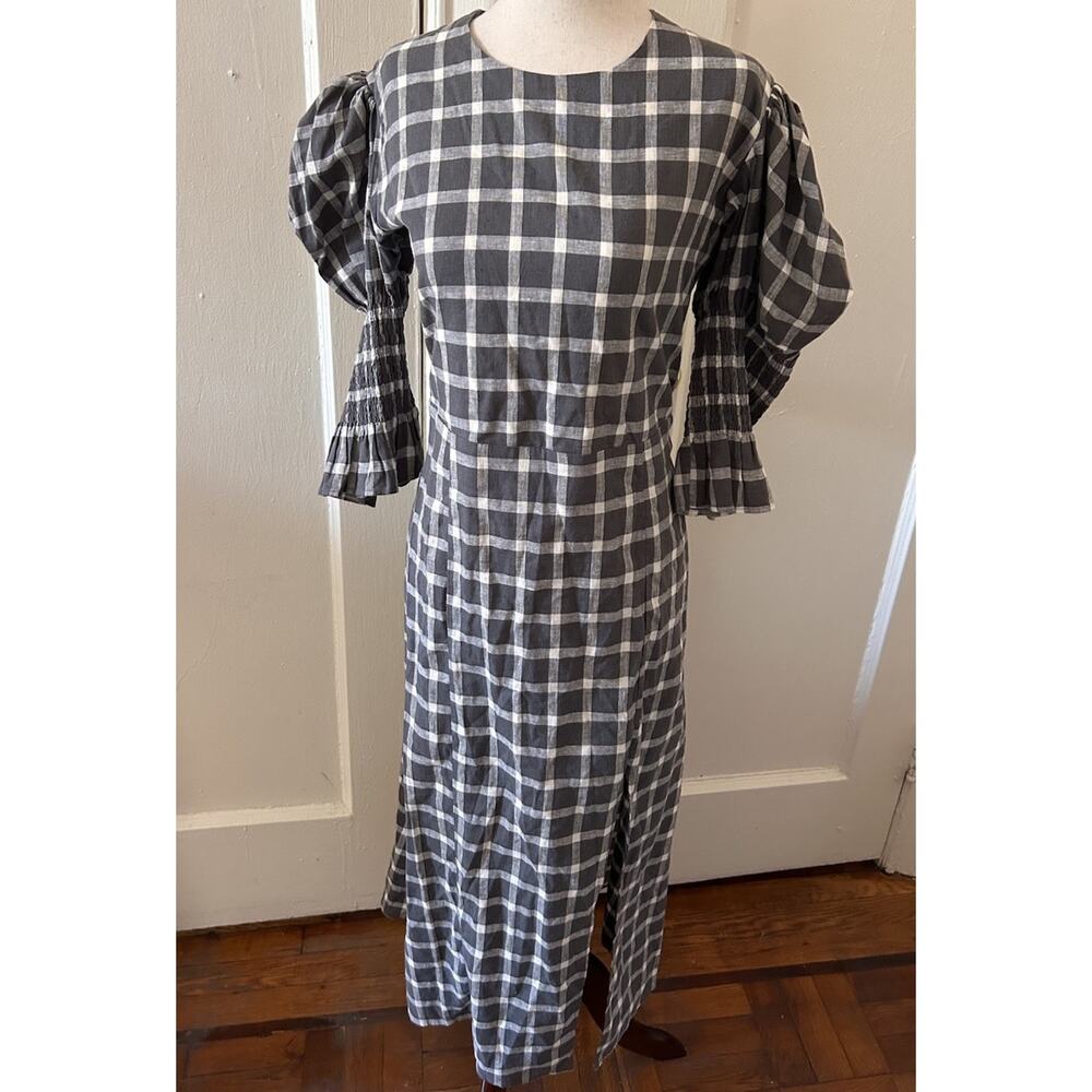 Nary‎ Resort Gray Plaid Puff Sleeve Dress Tie Back Slit | L